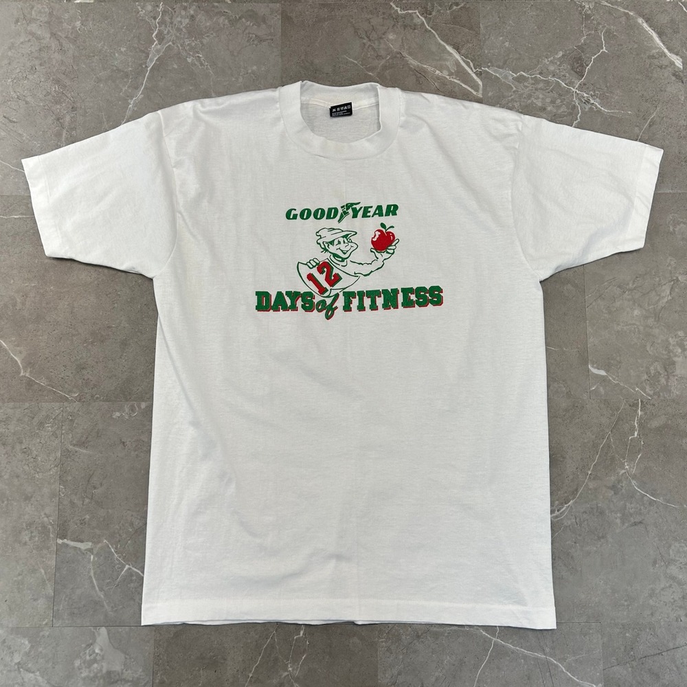 Vintage Goodyear Graphic Tee Mens XL 12 Days Of Fitness Short Sleeve Shirt White